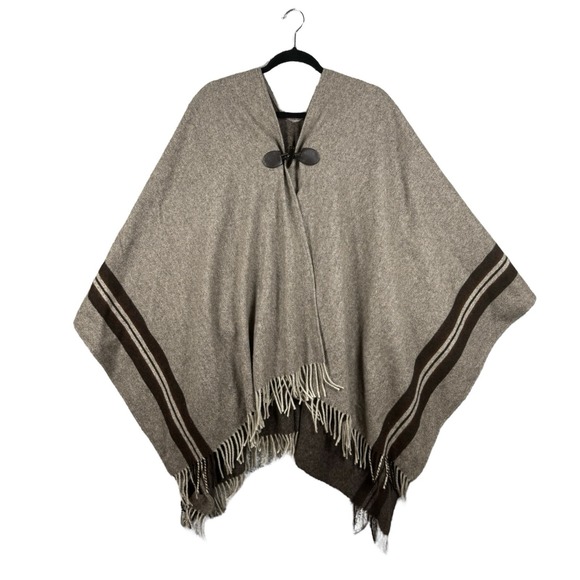 Ulla Johnson OS Wool Fringe‎ Poncho Brown Tan Cardigan w Leather Toggle Closure